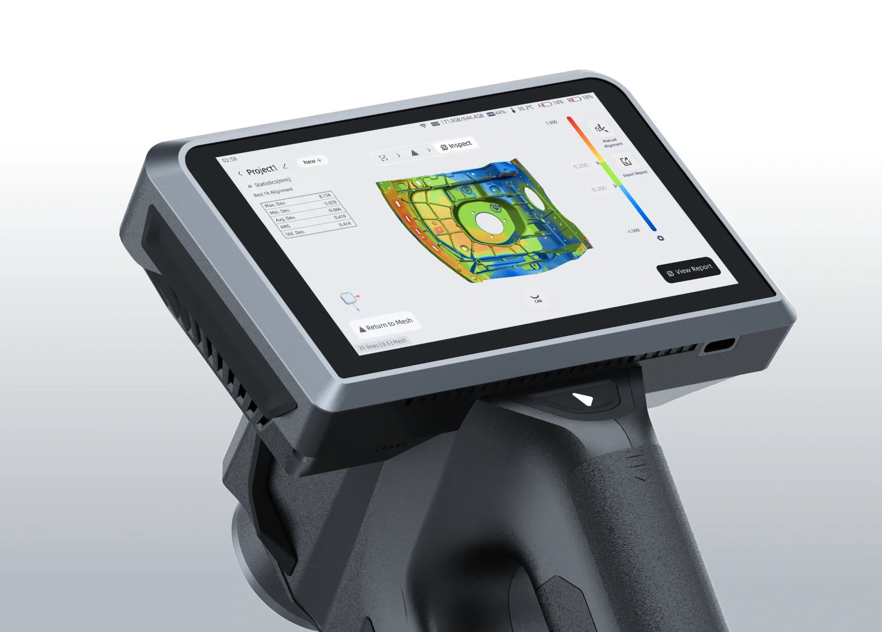 Handheld 3D scanner showing an inspection result on its own screen