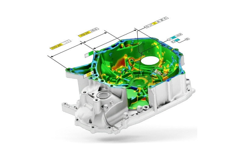 Alloy housing shown half real and half deviation map, with dimension callouts