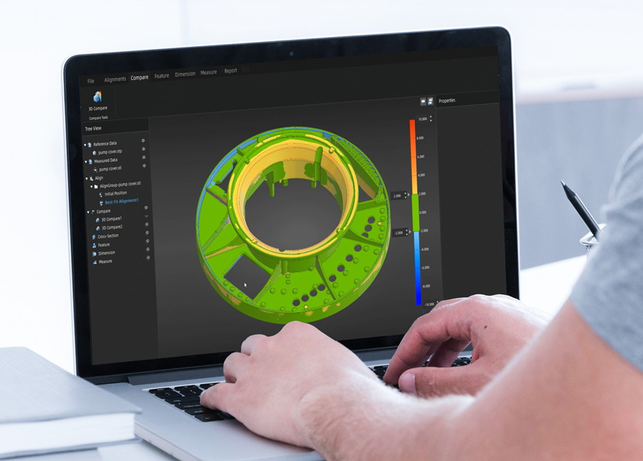 Inspection software comparing a measured ring component against its CAD reference