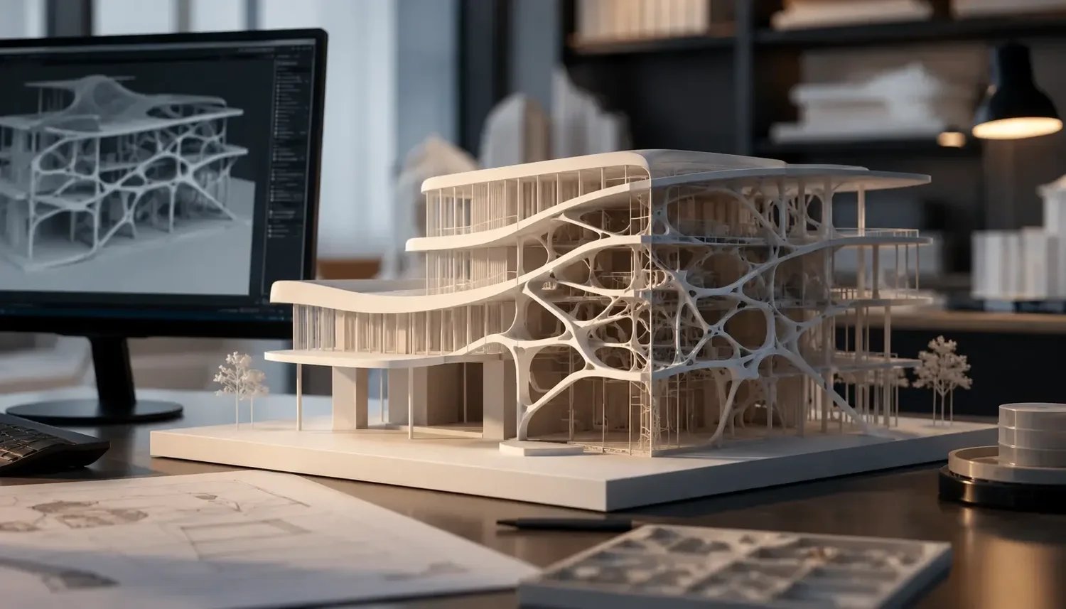 A 3D printed building model on a desk with the same structure displayed as a CAD model on the monitor behind it