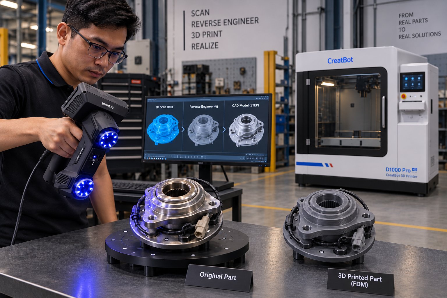 An operator scanning a wheel hub beside labels reading Original Part and 3D Printed Part, with scan to CAD to STEP on screen