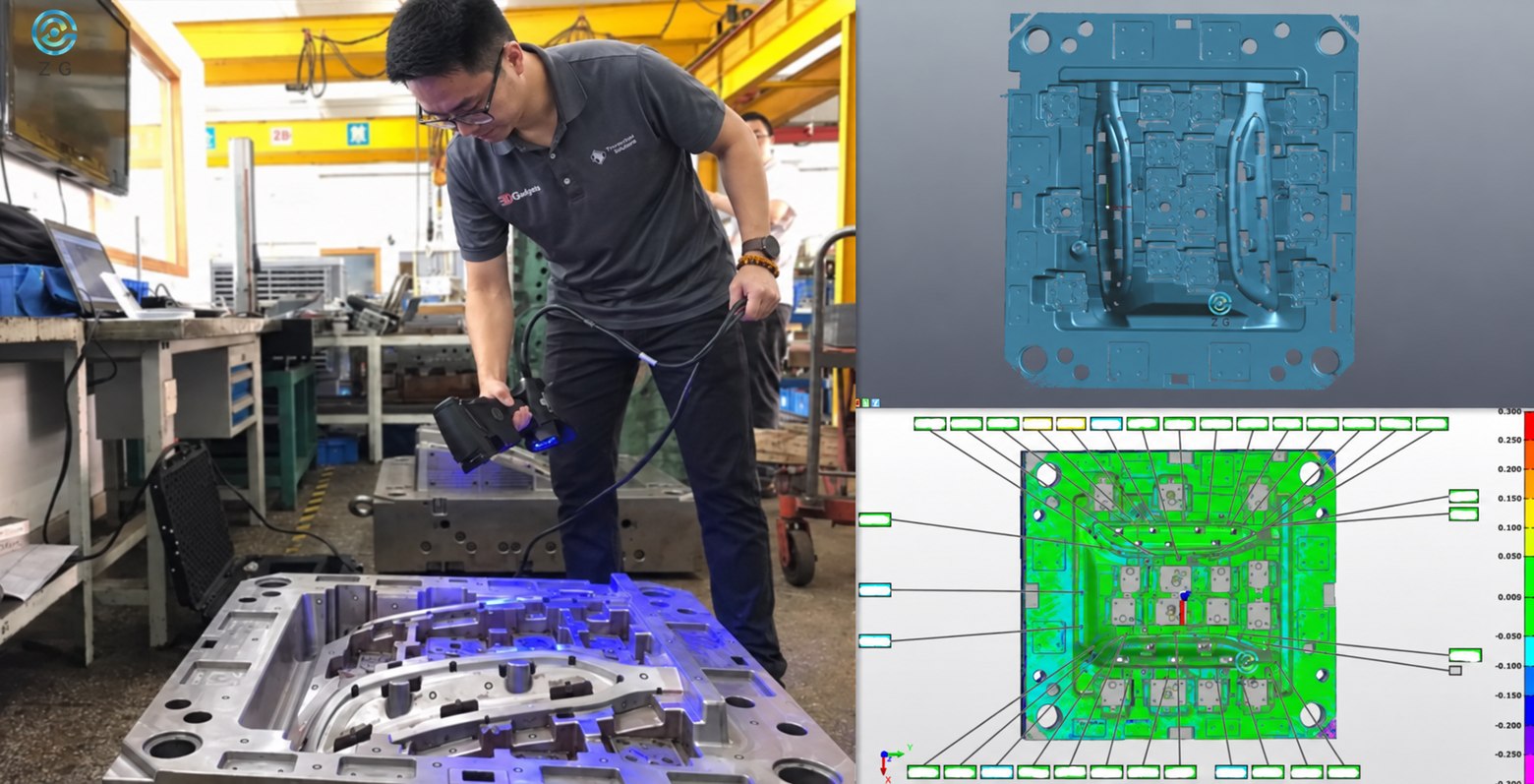 Injection mould tool scanned in a workshop with the CAD model and colour deviation inspection report shown alongside