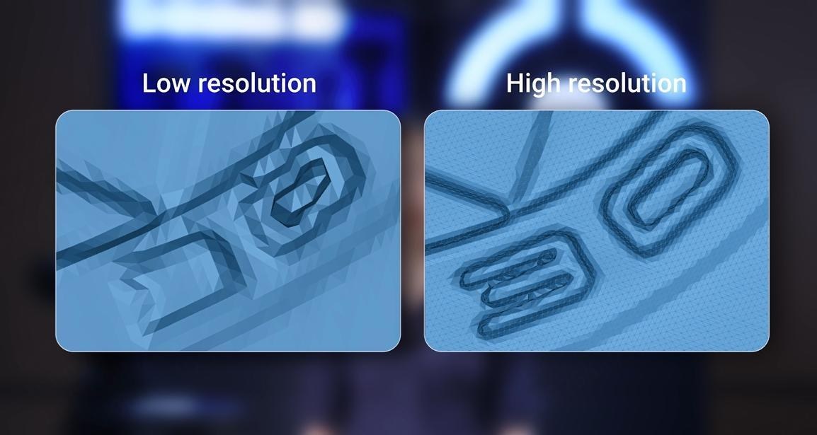 Comparison of a low-resolution and high-resolution 3D scan of the same part