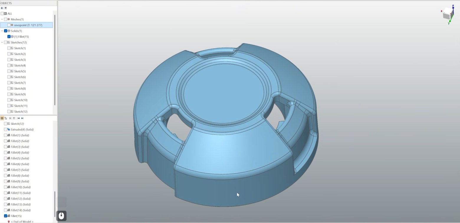 A CAD model rebuilt from scanned mesh data, showing the feature tree and finished solid