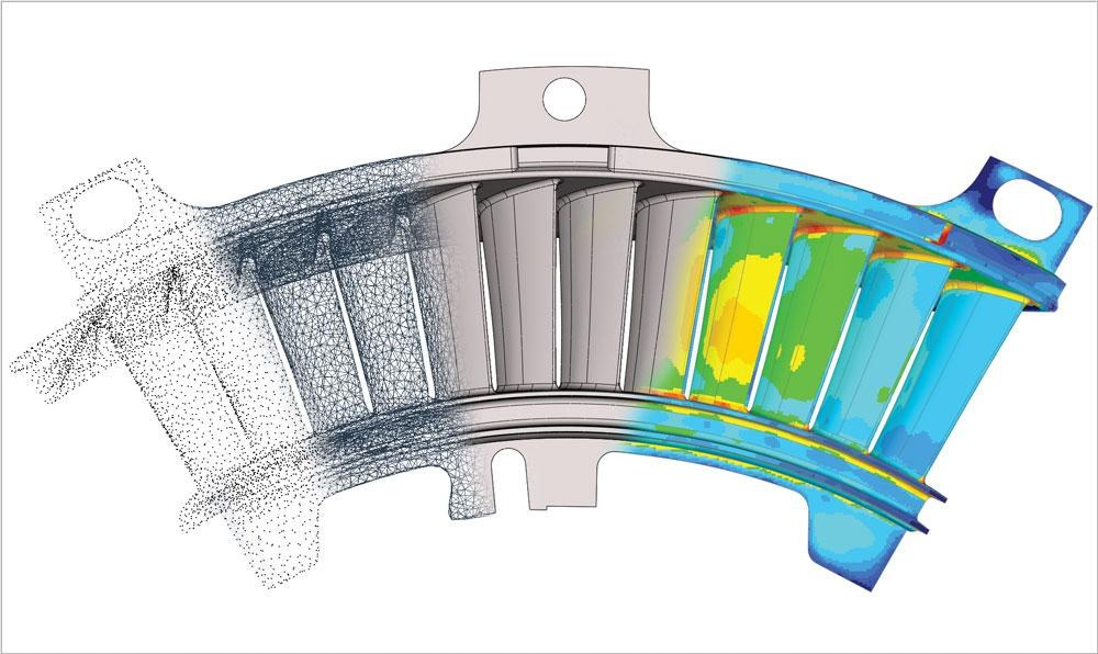 Colour deviation map and point cloud comparing a scanned part with its CAD model