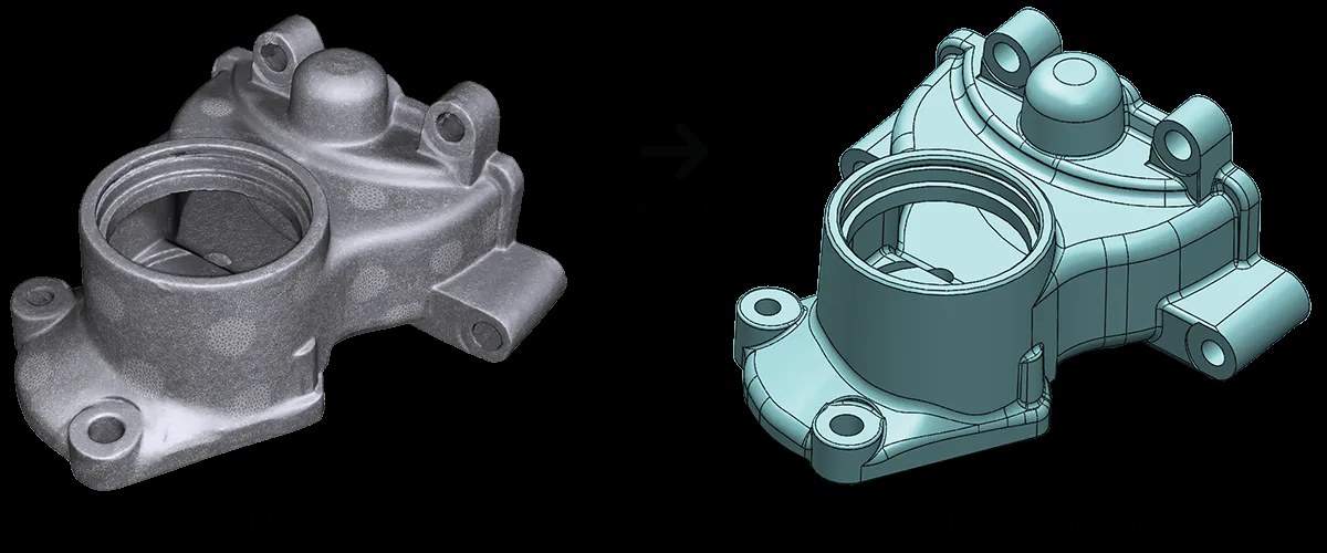 Scan data beside the CAD model rebuilt from it during a scan-to-CAD job