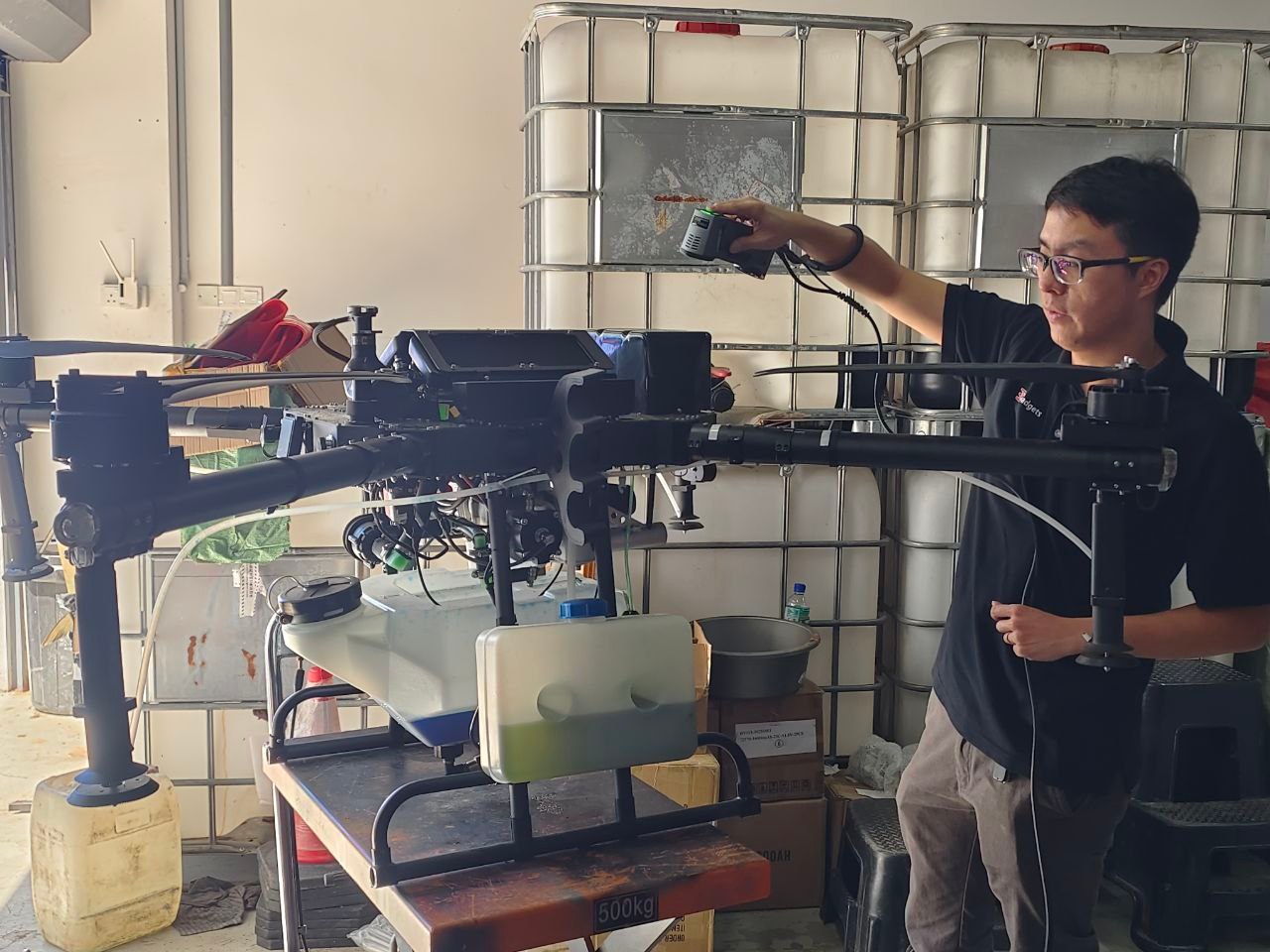 A customer’s drone airframe on the bench as it arrives for 3D scanning