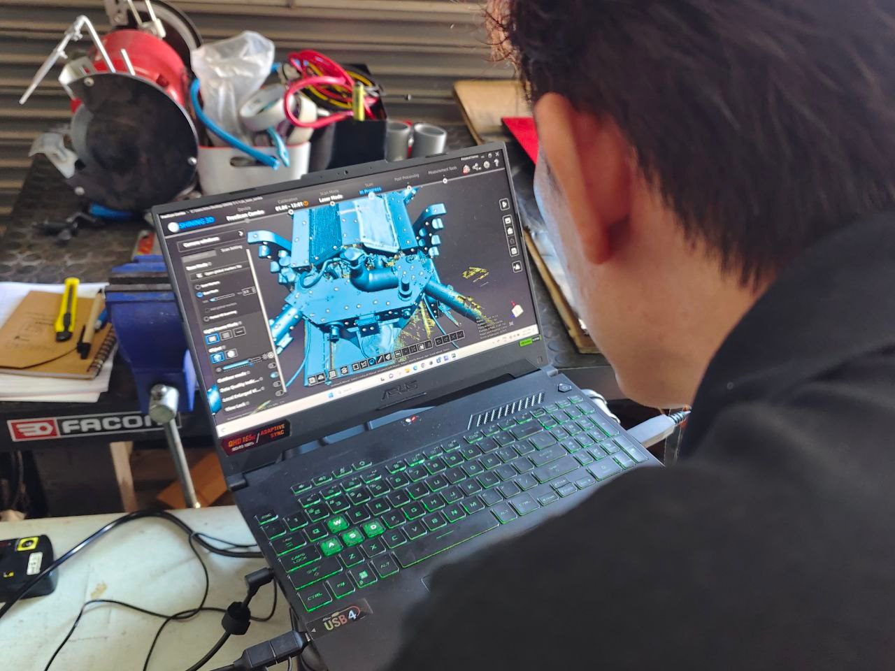 The drone airframe scan project open in 3D scanning software for cleaning and alignment