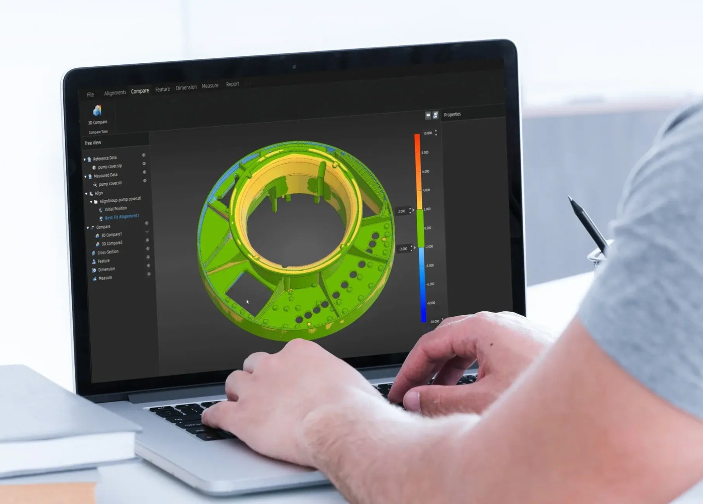 Inspection software showing a colour deviation map against CAD