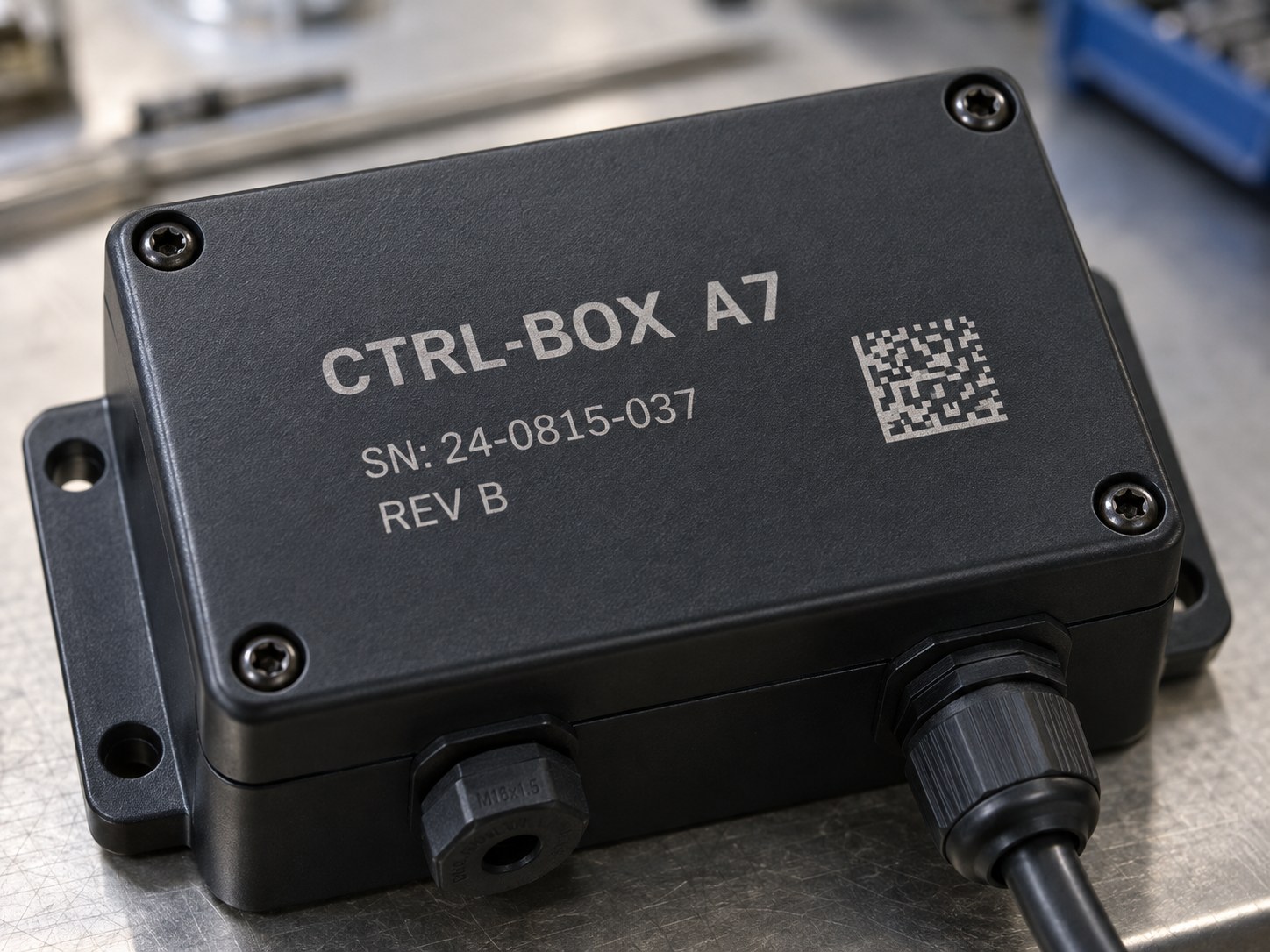A black electronics enclosure laser marked with the part name, a serial number, revision B and a QR code