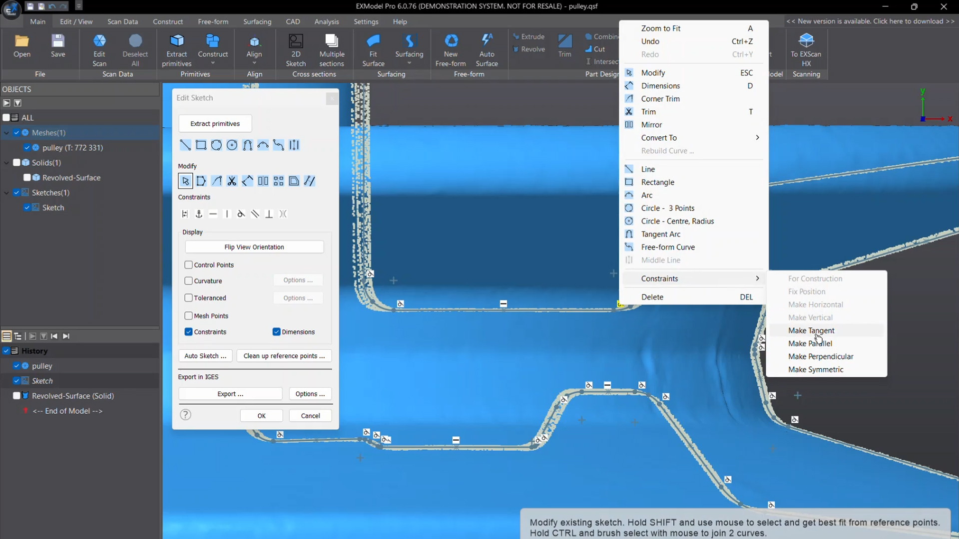 EXModel Pro with a 2D sketch drawn over a revolved surface, constraint tools open
