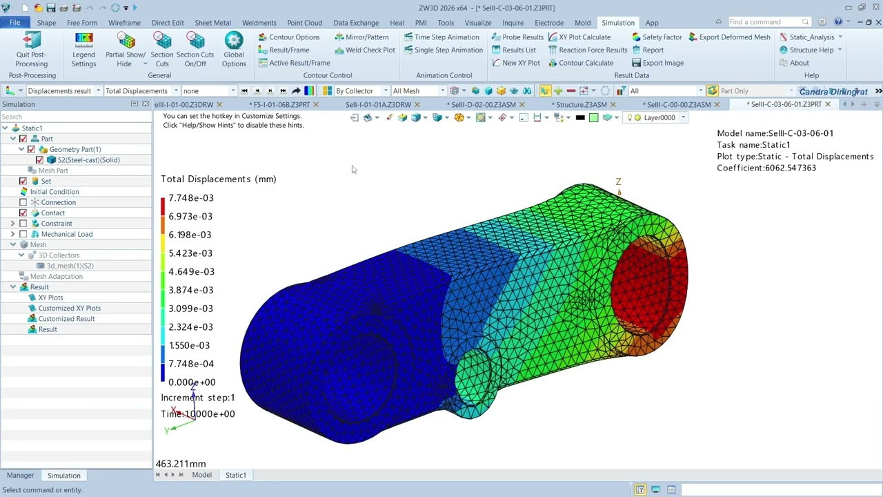 ZW3D displaying a static displacement study on a meshed part