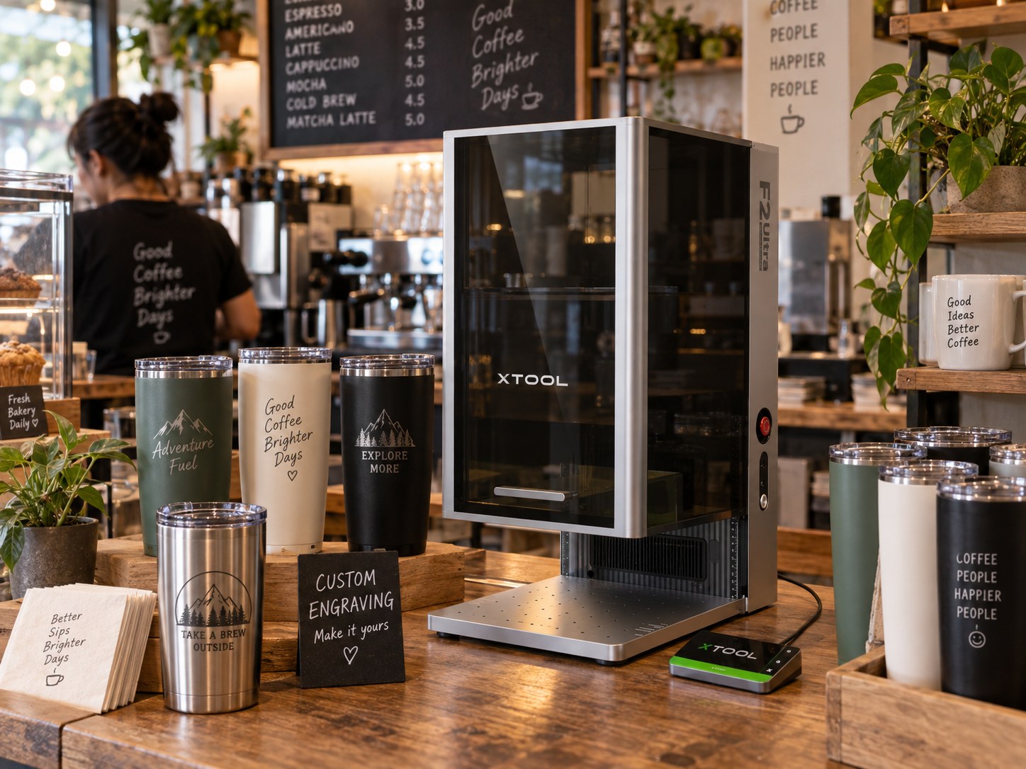 Close-up of a matte black tumbler with a corporate logo engraved through the coating to reveal the stainless beneath