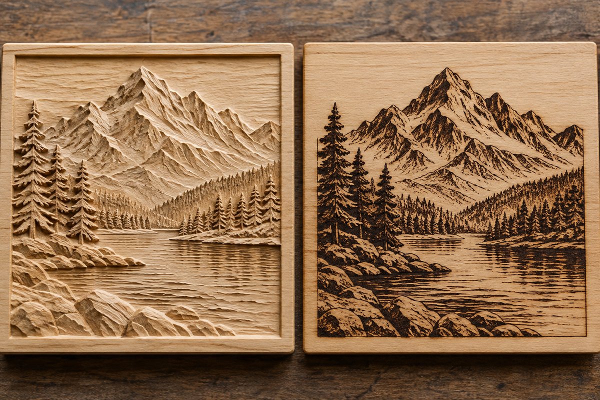 The same design CNC-carved in 3D relief (left) and laser-engraved flat (right)