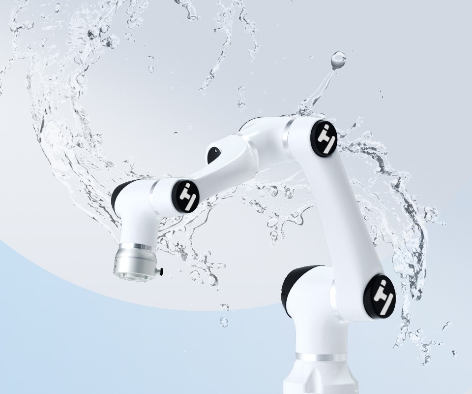 IP-rated collaborative robot arm with water splashes