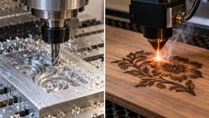 CNC milling a metal relief next to a laser head engraving wood — CNC vs laser engraving