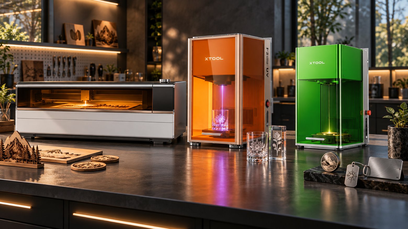 CO2, fiber and UV laser machines side by side, each marking a different material