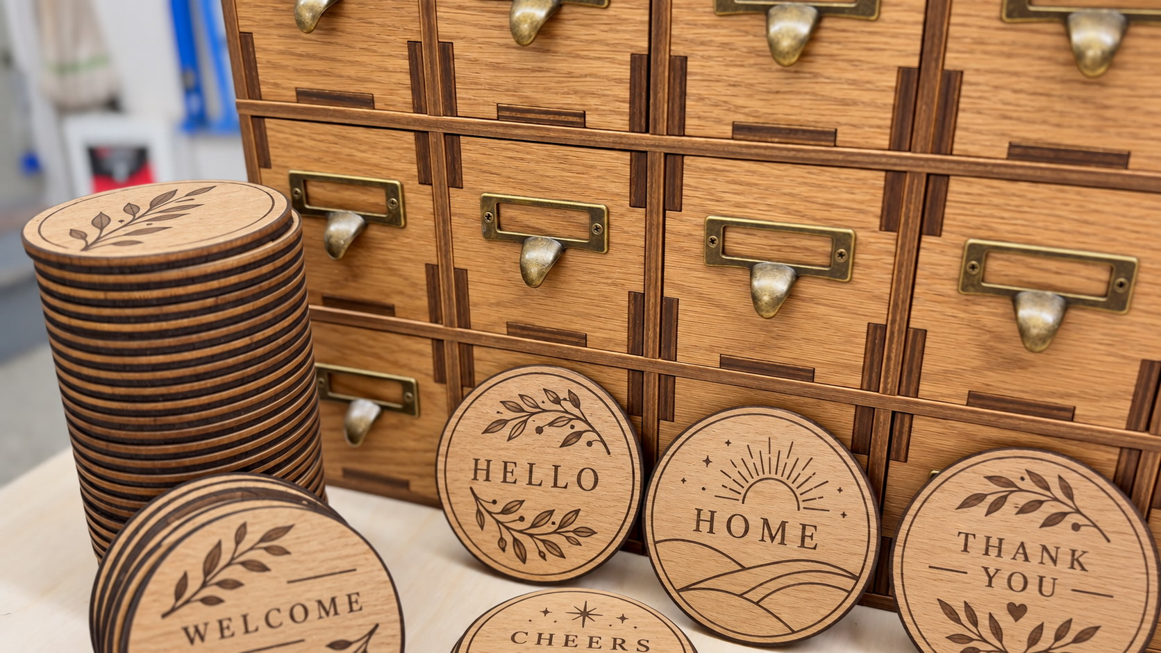 Laser-engraved wooden coasters stacked beside a miniature apothecary drawer cabinet