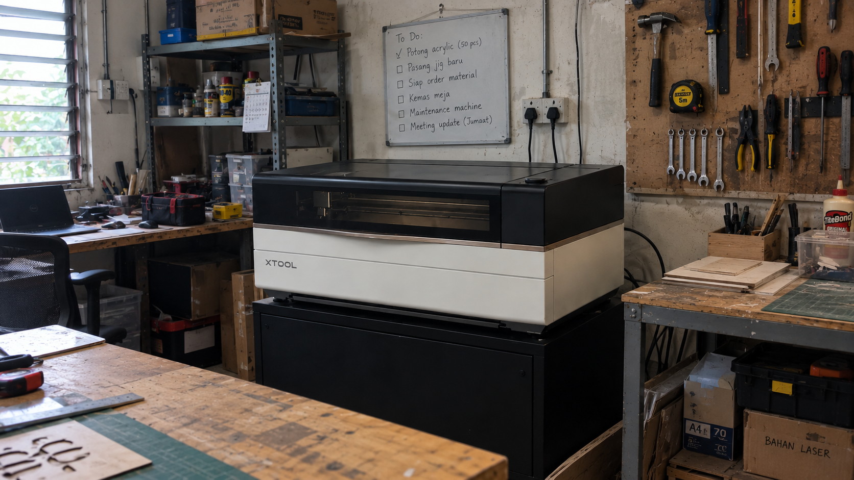 xTool laser cutter installed in a Malaysian workshop with tools, bench and a Malay to-do board