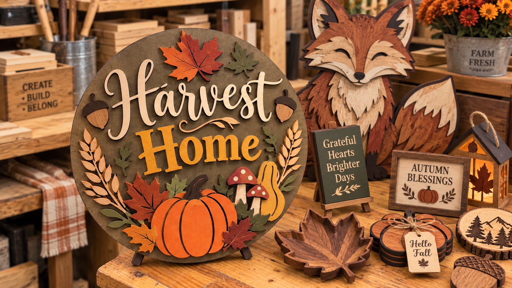 Layered wooden Harvest Home sign with multicolour fox and autumn decor made on a CO2 laser