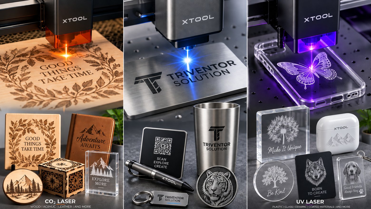 CO2, fiber and UV laser results compared: wood and acrylic, metal, and glass and plastic