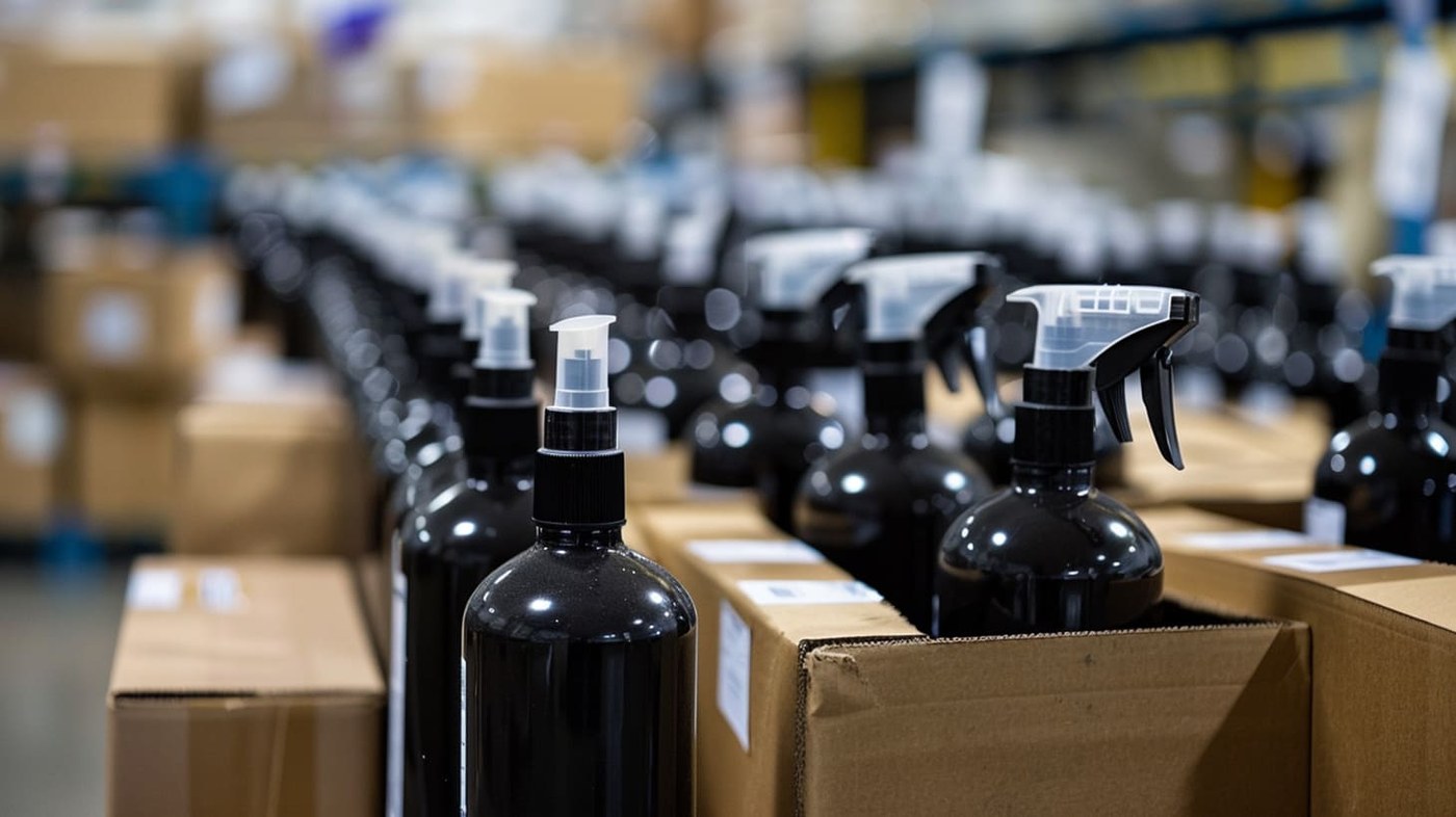 Bottled products moving along a production line