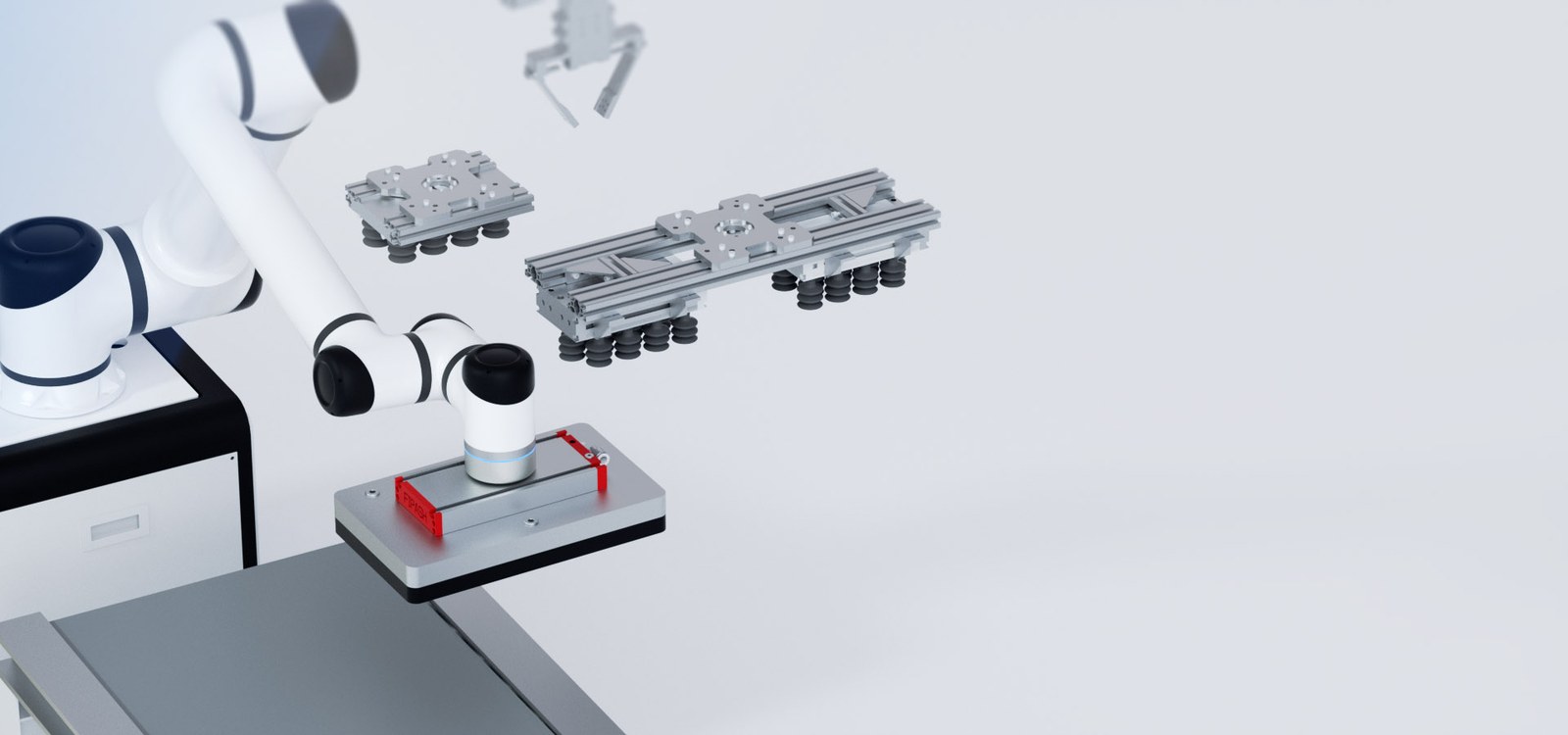 Two collaborative robots with grippers handling machined parts