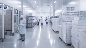 Production facility interior with workers and palletised goods