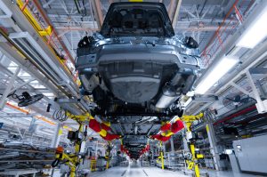Industrial robot assembly line in an automotive plant