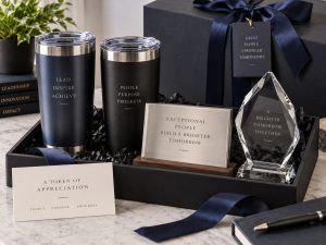 An engraved corporate gift set: two tumblers, a brushed metal plaque and a crystal award in a presentation box
