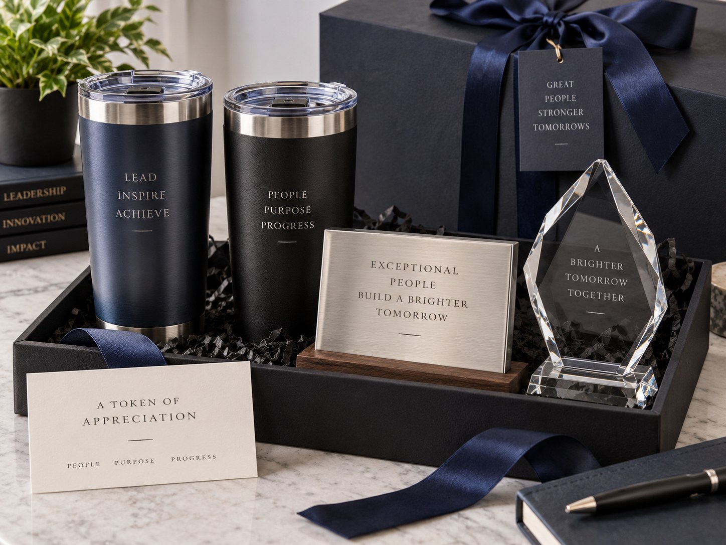 An engraved corporate gift set: two tumblers, a brushed metal plaque and a crystal award in a presentation box