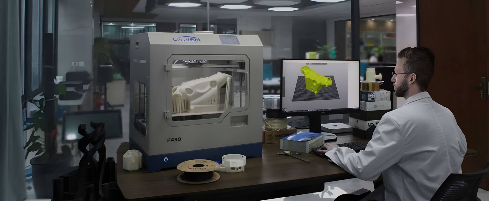 A CreatBot F430 3D printer producing a white part while the same model is shown in slicing software on the monitor