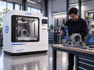 A CreatBot large format 3D printer beside an operator using a Shining 3D handheld scanner on a machined housing