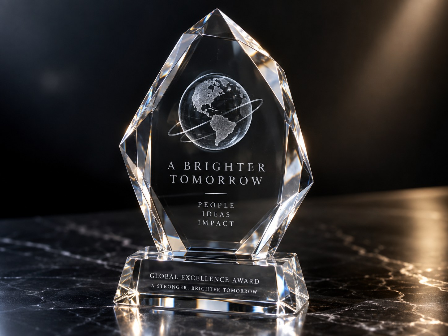 A crystal award with a 3D globe engraved inside the block, lit to show the inner detail