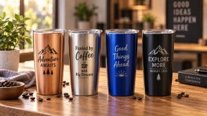 Four laser-engraved stainless steel tumblers in copper, silver, blue and black with custom quote designs, ready to ship