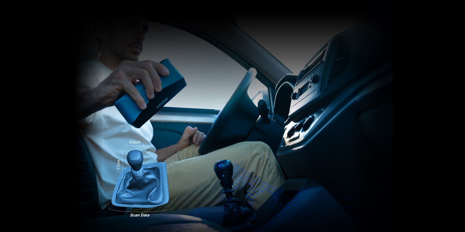 EINSTAR 2 3D scanner capturing a dark, glossy vehicle interior without spray