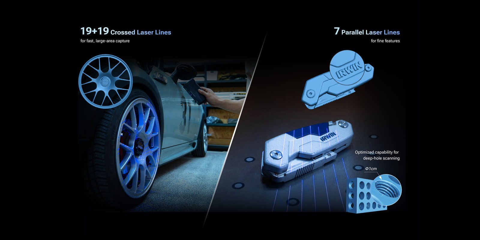 EINSTAR Rockit blue laser modes — 38 crossed laser lines for fast capture and 7 parallel lines for detail