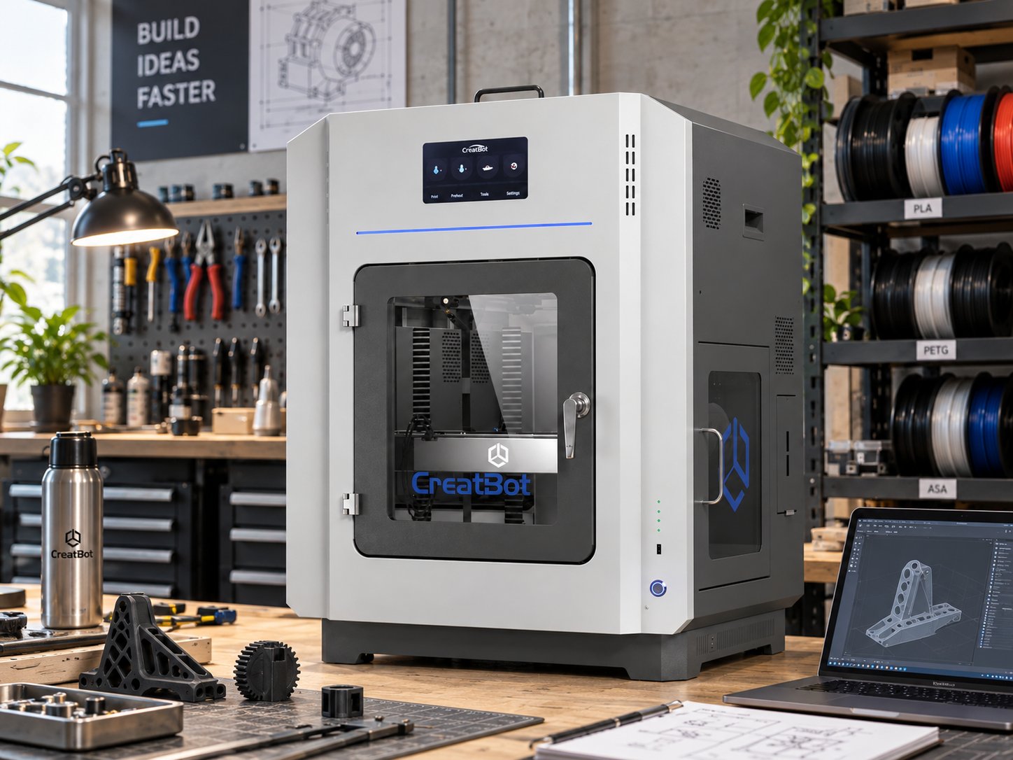 Enclosed chamber 3D printer with a heated cabinet for polycarbonate