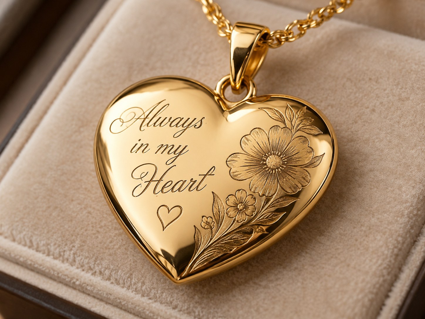 Close-up of a gold heart pendant engraved with Always in my Heart in script and a floral design