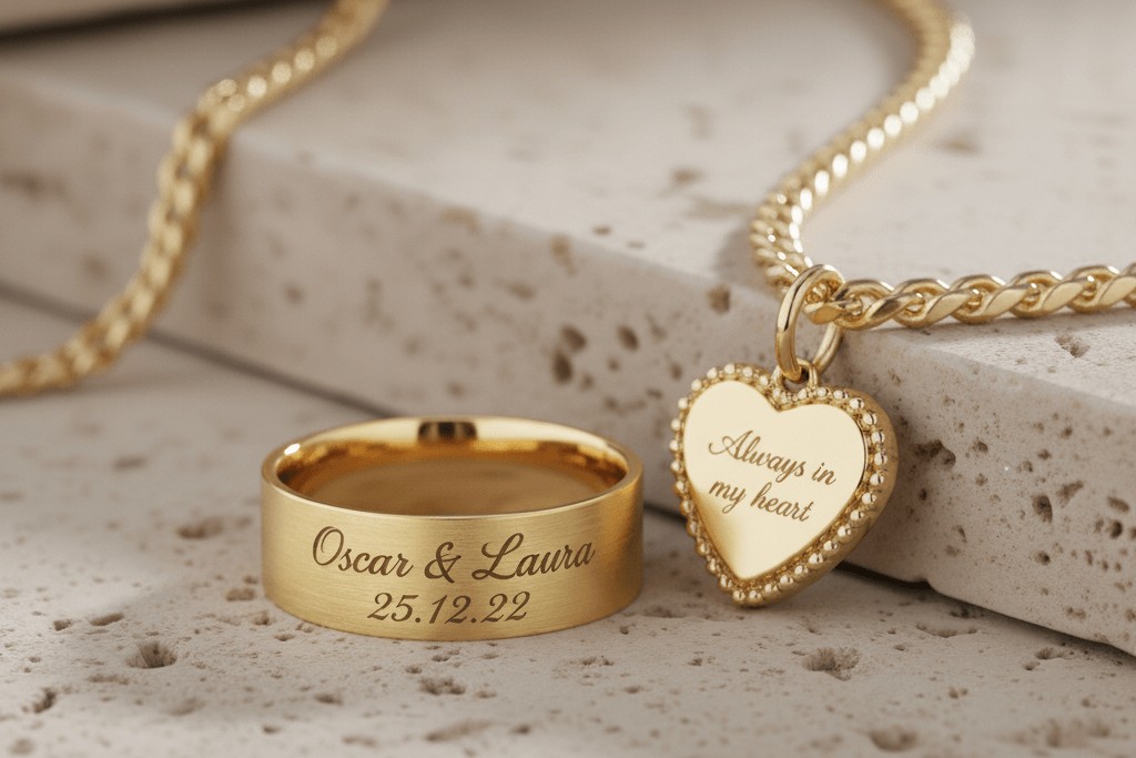 Gold ring engraved Oscar & Laura with a personalised heart pendant