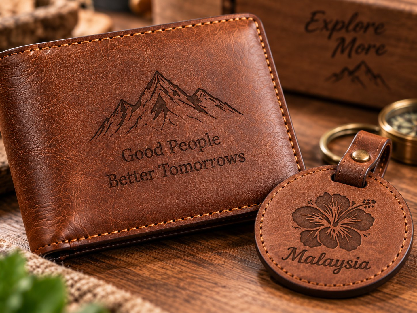 Close-up of an engraved leather wallet beside a leather keyring with an engraved hibiscus design