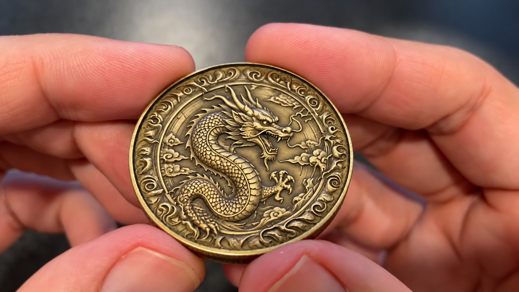 Hands holding a brass medallion engraved with a Chinese dragon in deep relief