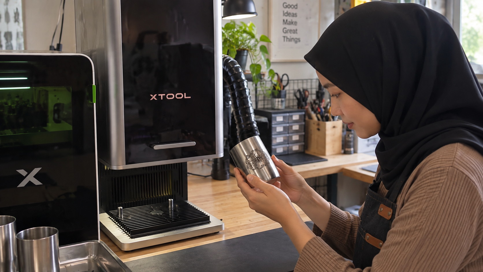 Maker in a hijab holding a stainless tumbler engraved with a lotus design in a workshop beside an xTool fiber laser