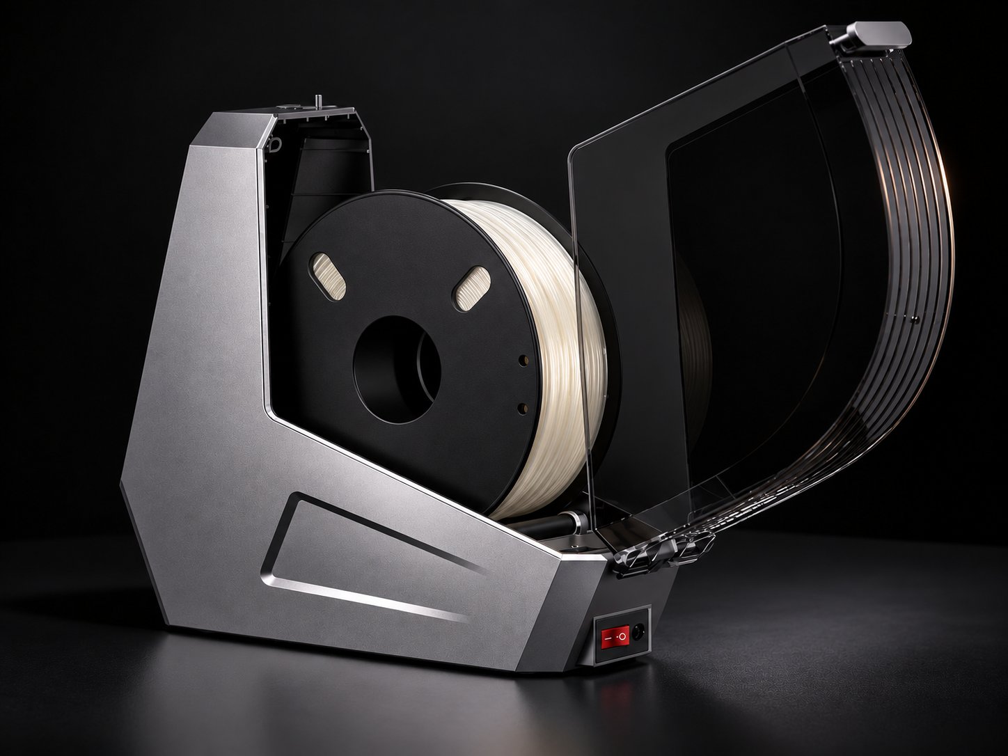 A filament dryer unit with a spool of nylon loaded inside the closed chamber before printing