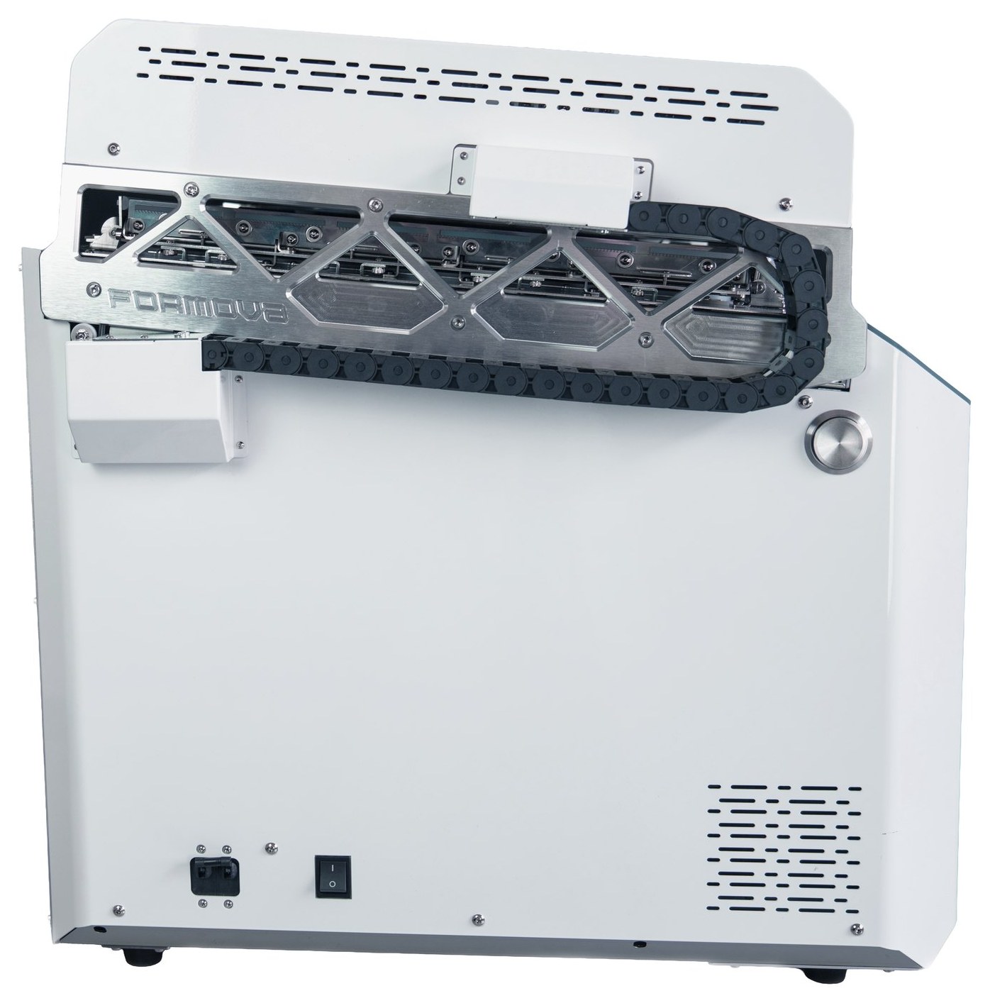 FORMOVA side view showing the heater slide mechanism, cable carrier and ventilation grille