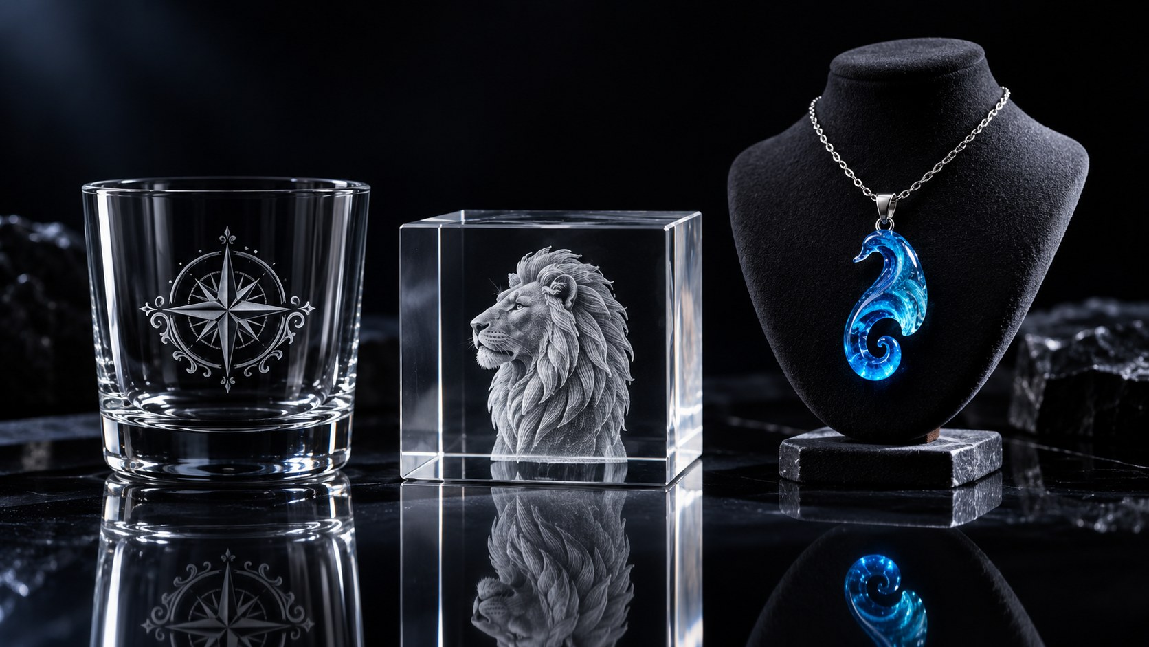 A frosted compass rose on a tumbler, a 3D lion inside a crystal block, and a glowing glass pendant on a stand