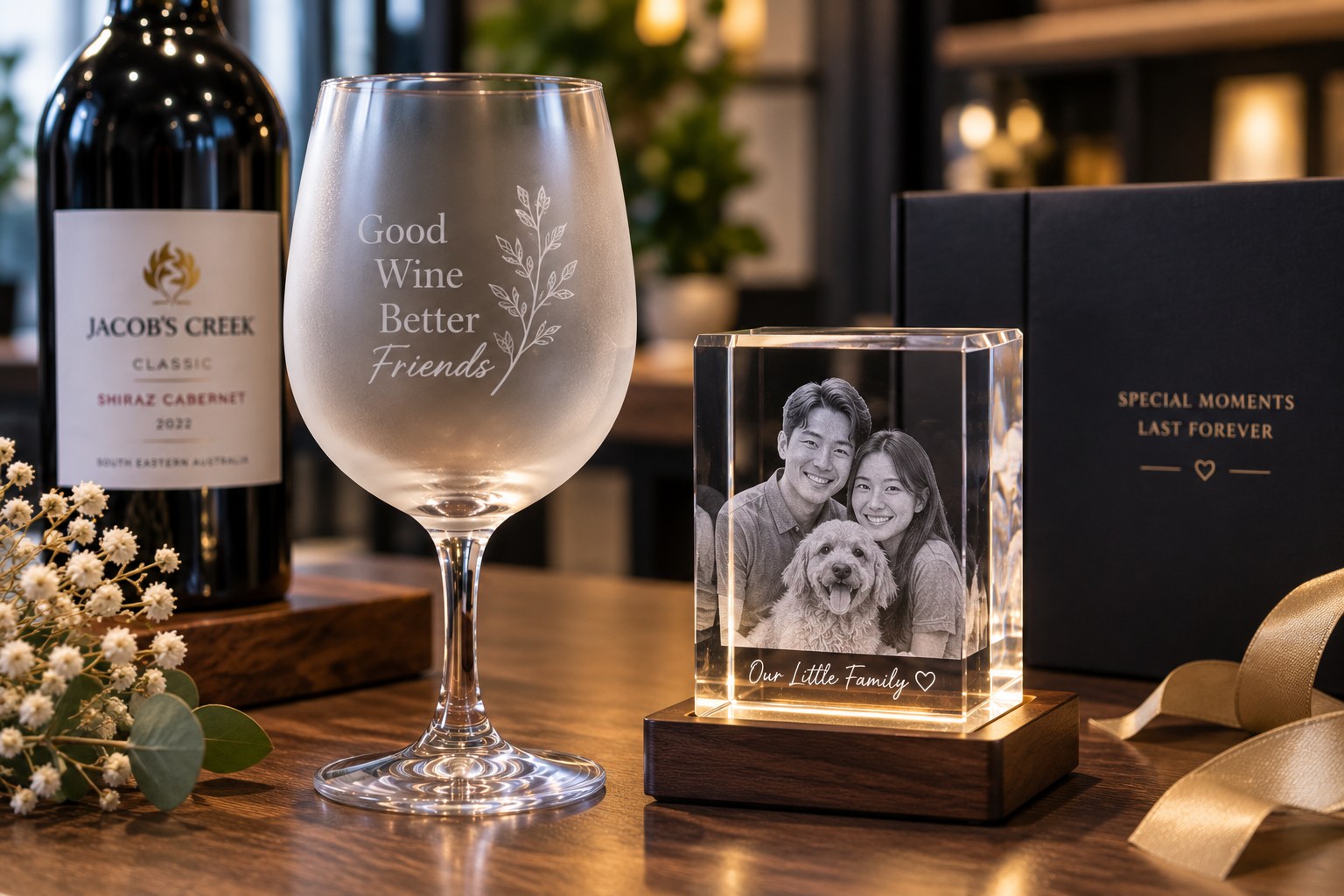 A frosted wine glass beside a crystal block with a 3D family portrait engraved inside it, and a gift box