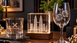 A frosted XTOOL logo on a whisky tumbler beside a crystal block with the Kuala Lumpur skyline engraved inside it