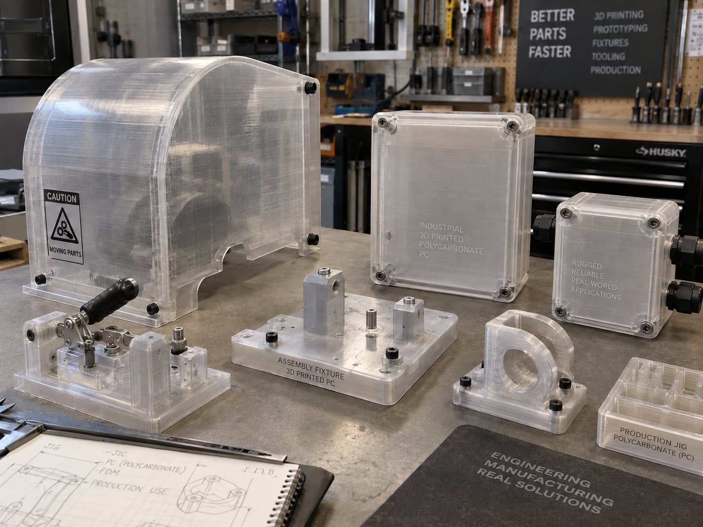 Industrial polycarbonate parts including a machine guard, enclosures, an assembly fixture and a production jig