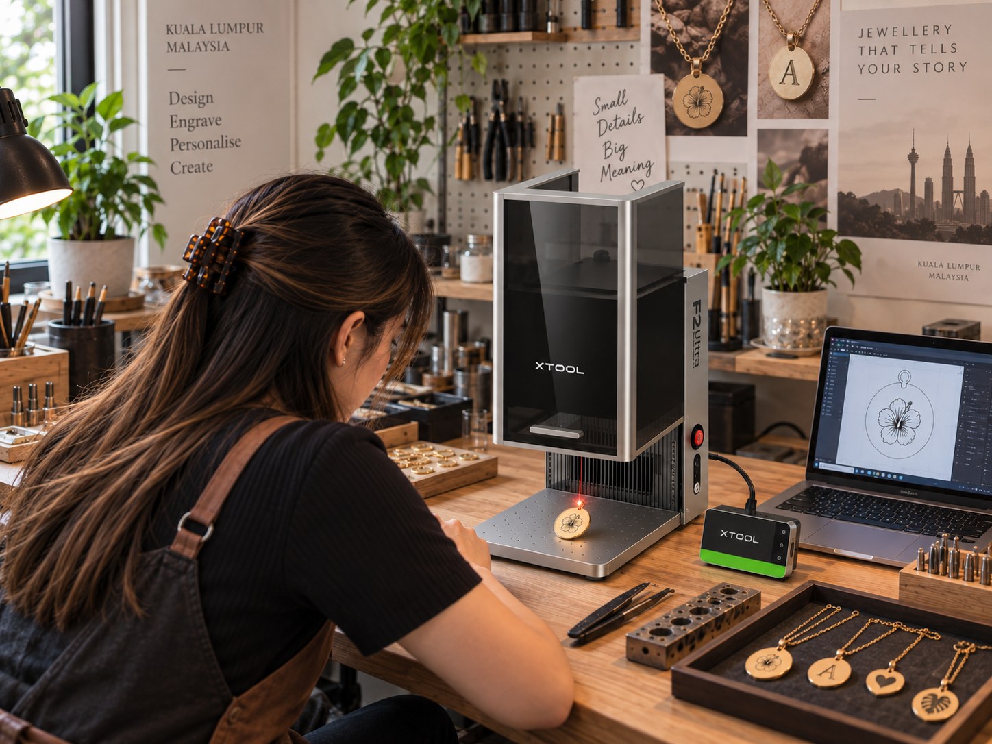 A jeweller marking a gold pendant with the xTool F2 Ultra, the design open on a laptop beside her